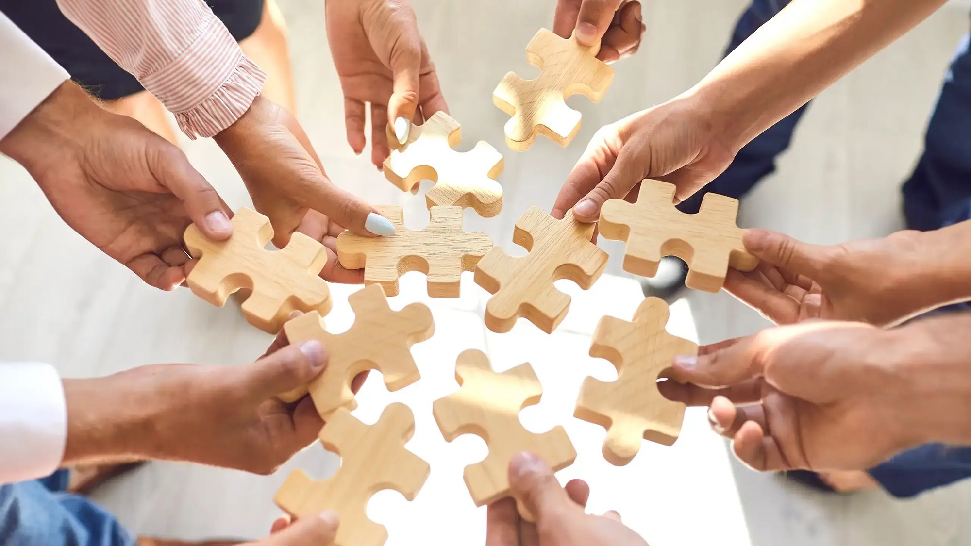 Close up of a group of people's hands holding wooden puzzle pieces together.
